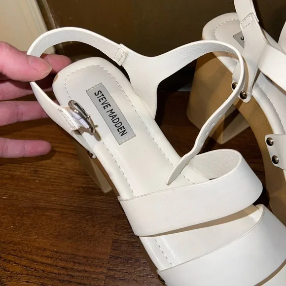 Steve Madden Gladiator White Strap Tan Platform Clog Heel Sandals Size 10 - Picture 11 of 14